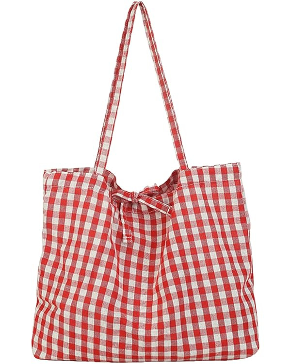 Gingham Tote Bag Canvas Casual Cute Plaid Tote Lightweight Shoulder Bag Gingham Large Capacity Be... | Amazon (US)