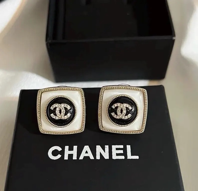 Chanel Vintage Square Mother-of-pearl CC Earrings With Crystal Logo – Gold Tone - Etsy | Etsy (US)