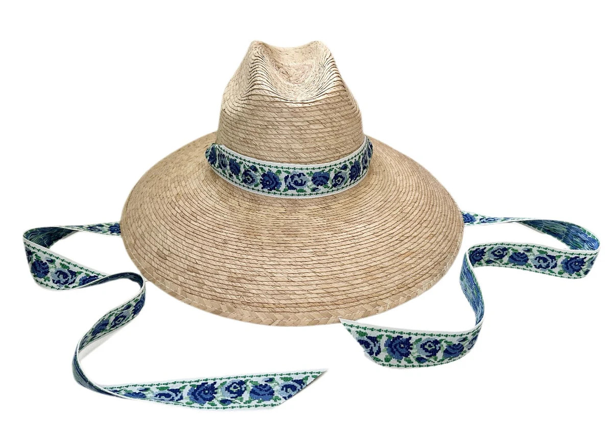 Hollyhock Sun Hat in Vintage Azure Garden Rose Long Ribbon | Over The Moon