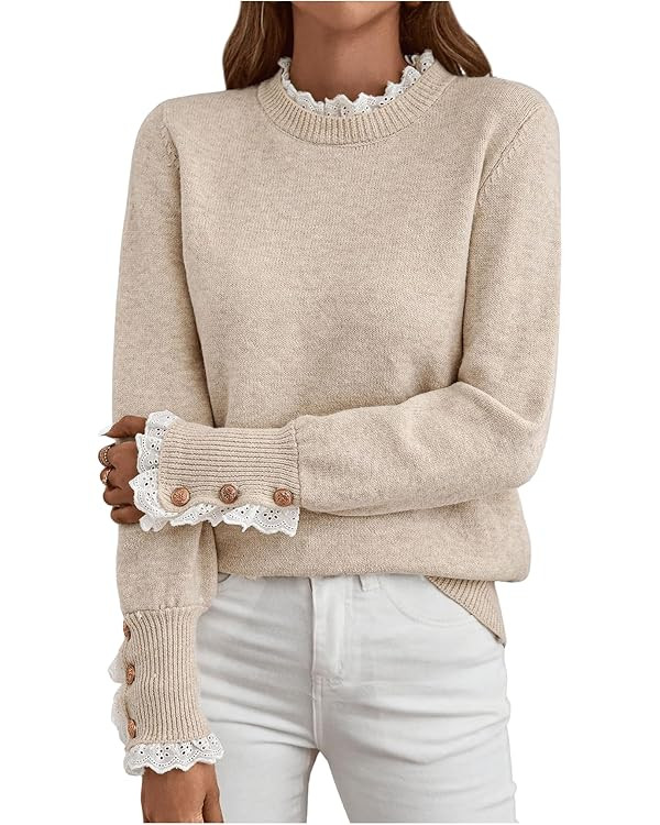 MakeMeChic Women's Fall Sweaters Lace Peplum Mock Neck Cozy Sweater Pullover | Amazon (US)