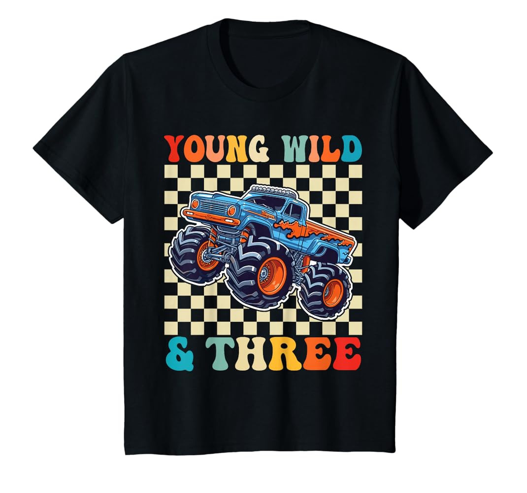 Kids 3rd Birthday Monster Truck Young Wild And Three 3 Year Old T-Shirt | Amazon (US)