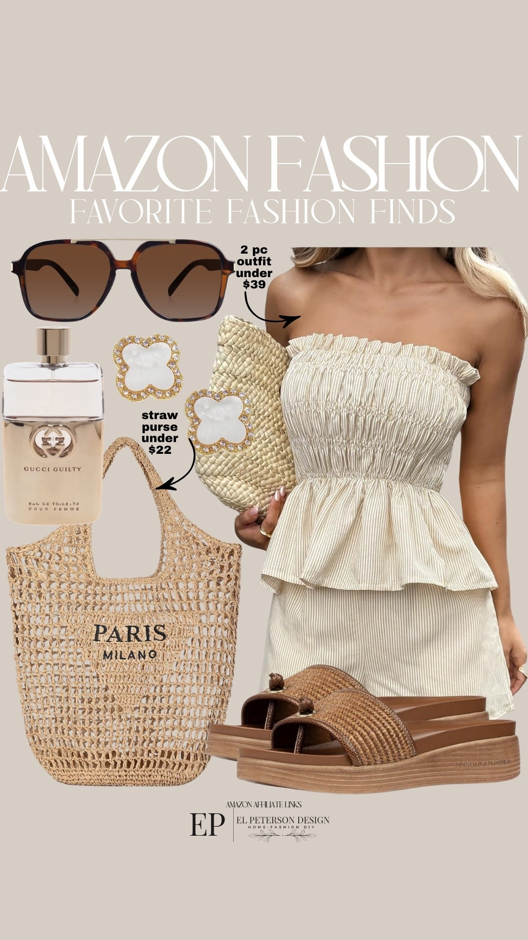 Amazon
2 pc outfit
Sunglasses
Earrings
Perfume
Purse
Sandals