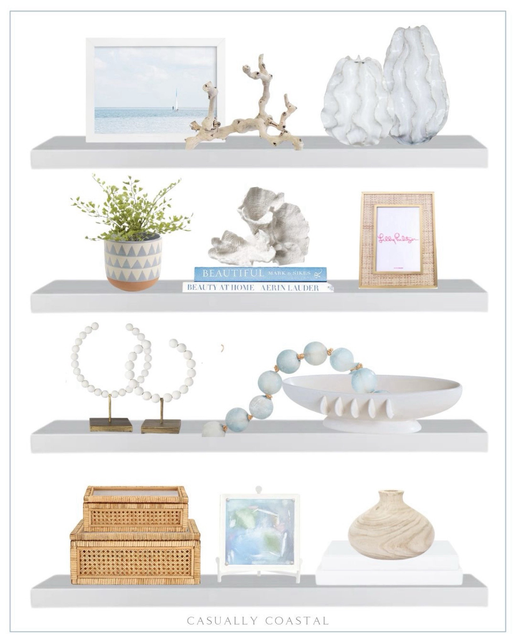 Shelf Styling Ideas, including some accessories currently on sale! 
- 
Coastal home decor, coastal style, coastal shelves, coastal interiors, wood vase, Amazon home decor, metal easel, coastal artwork, abstract art, mini art for shelves, rattan decorative boxes with glass lids, Amazon decorative boxes, boat bowl, sea glass garland, abstract figurine, coastal home decor, Lilly Pulitzer picture frame, 4x6 picture frame, Amazon picture frames, coastal picture frames, beauty at home book, Amazon coffee table books, coastal coffee table books, summer decor, flower coral, Amazon coral, coastal accessories, geometric pot, small planter, faux maidenhair drop in, faux plants, ceramic ruffle vase, white vases, sandblasted grapewood, coastal art, ocean artwork, beach artwork, beach house decor, living room decor, bookshelf styling ideas, driftwood branch, summer home decor, home accessories, neutral home decor, living room decor, shelf decor, bookshelf decor, built-in decor

#LTKFindsUnder50 #LTKHome #LTKSaleAlert
