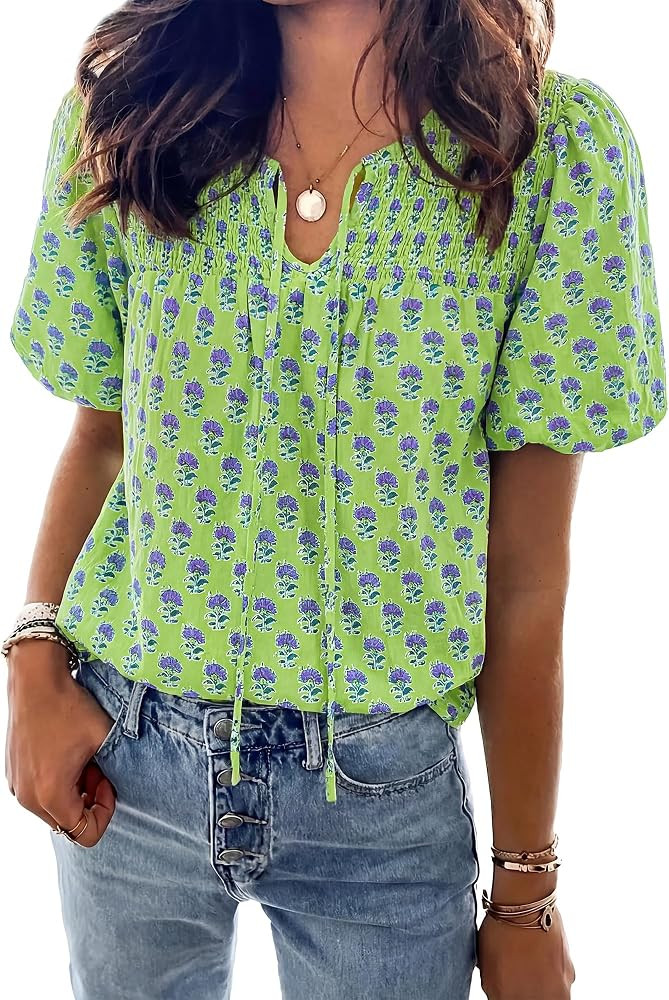 KIRUNDO Boho Tops for Women Summer 2026 Dressy Floral Blouse V Neck Drawstring Short Sleeve Shirt... | Amazon (US)