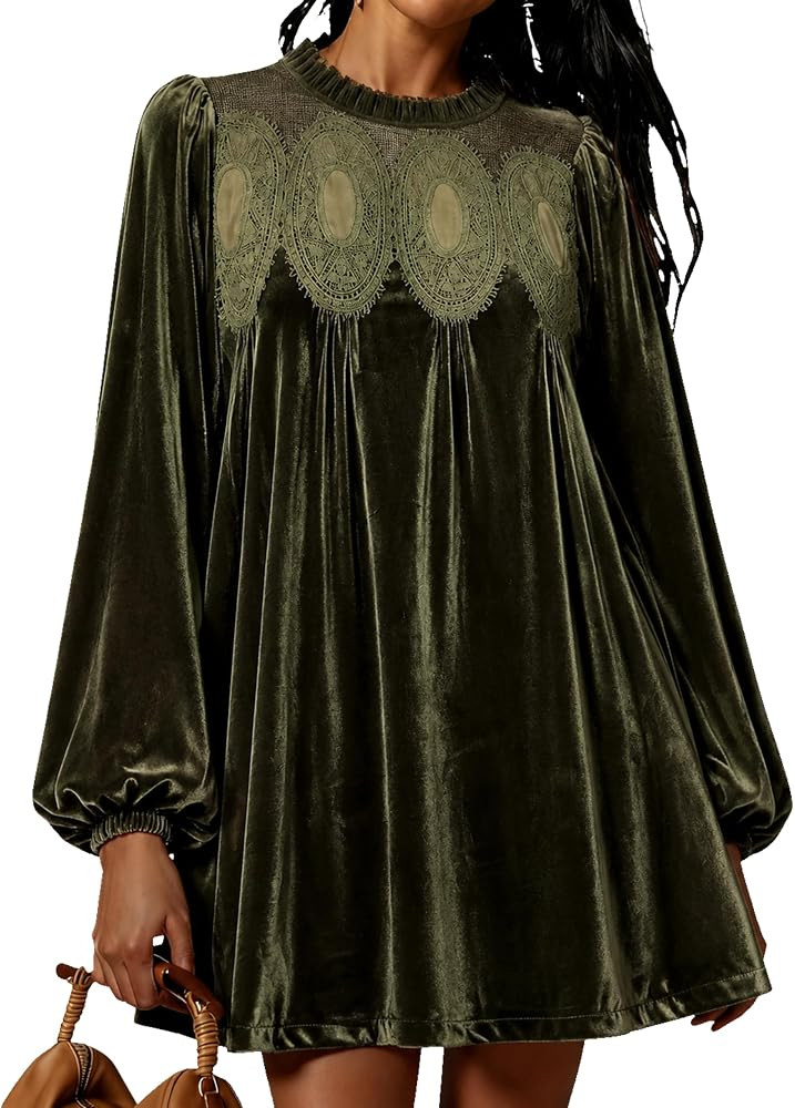 Huaqiao Womens A-Line Velvet Lace Overall Pleated Babydoll Mini Dress Casual Scallop Neck Flared ... | Amazon (US)
