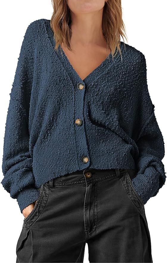 MEROKEETY Womens Cropped Long Sleeve Button Open Front Sweater Oversized Knit Cardigan Outwear Co... | Amazon (US)
