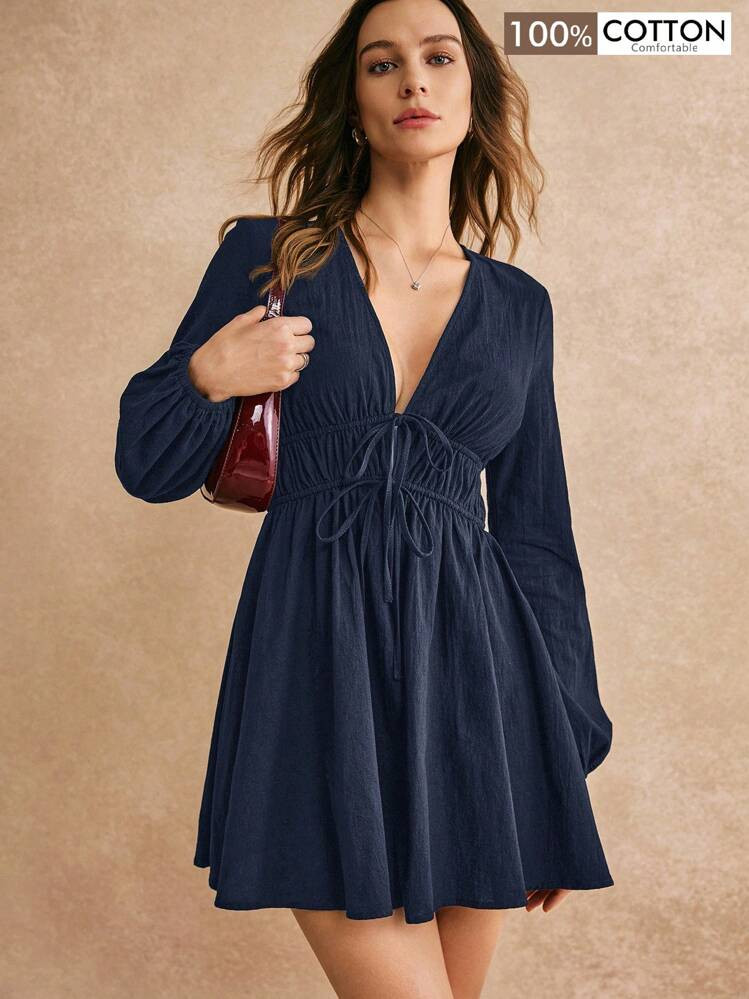 Poéselle Black Deep V Neck Long Sleeve Waist Tie Design Mini Dress, 100% Cotton Dress, Black Mini Dress, Fairy Dress, Boho Style, Black Long Sleeve Dress, Fall Women's Dresses, Elegant Women's Clothing, Winter Women's Clothing, Fall Women's Clothing, FW24 | SHEIN