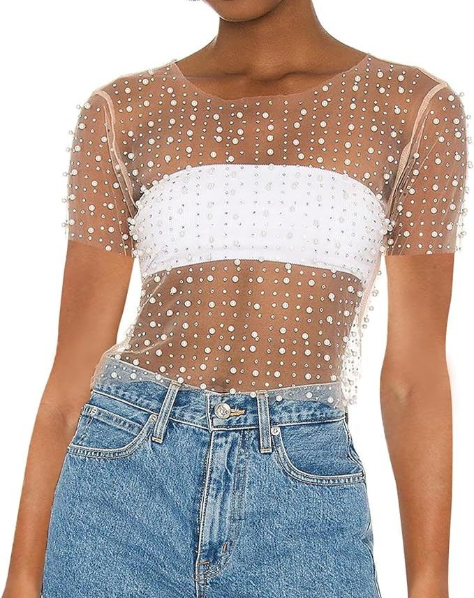Women Pearl Rhinestone Sheer Mesh Crop Tee Top Sexy See Through Short Sleeve Slim Fit Crop T-Shir... | Amazon (US)