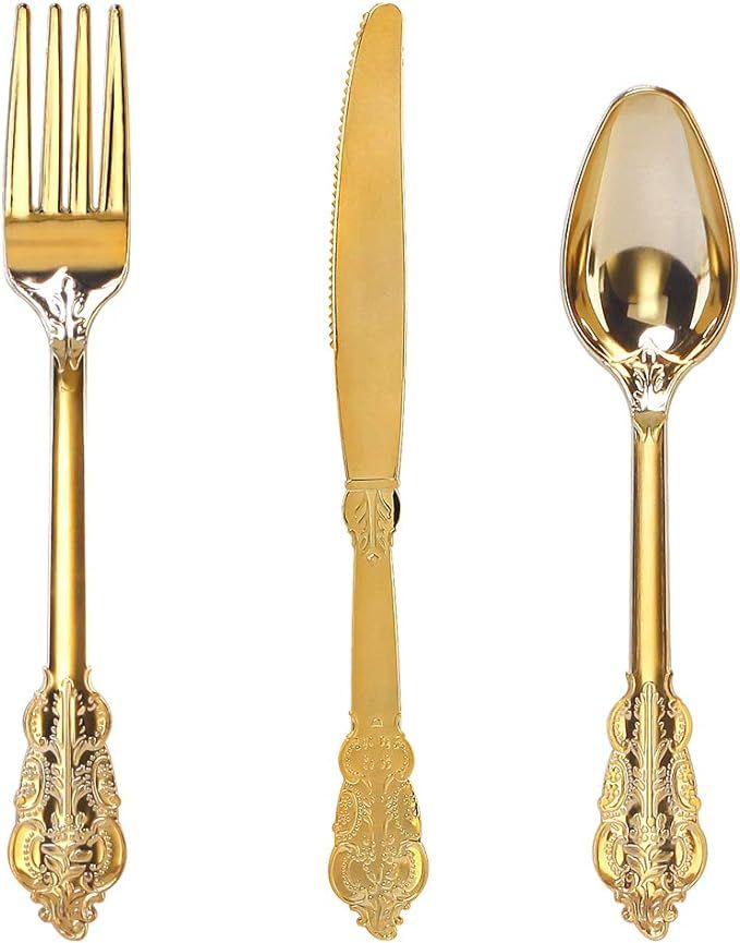 WDF 300 Pieces Gold Plastic Silverware Disposable - Heavy Duty Plastic Cutlery - Gold Silverware ... | Amazon (US)