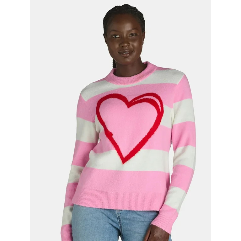 99 Jane Street Women’s and Women's Plus Striped Sweater with Heart Design, Sizes XS-4X | Walmart (US)