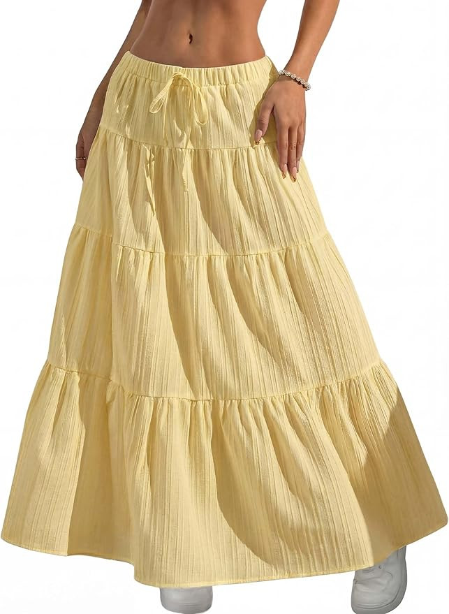 DERAX Women's Boho Flowy Maxi Skirts Elegant Flared Ruffle Hem Elastic High Waisted Summer Fall A... | Amazon (US)