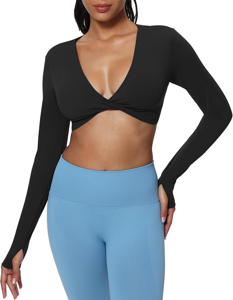 Aoxjox Long Sleeve Deep V Tops for Women Sienna Open Back-Long Sleeve Workout Crop T Shirt Top | Amazon (US)