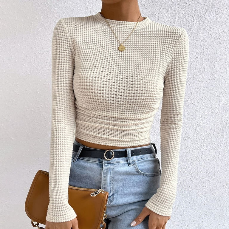 Womens Tops 2026 Fall Long Sleeve Fitted T Shirts Waffle Ruched Crop Shirt Basic Knit Workout Clo... | Walmart (US)