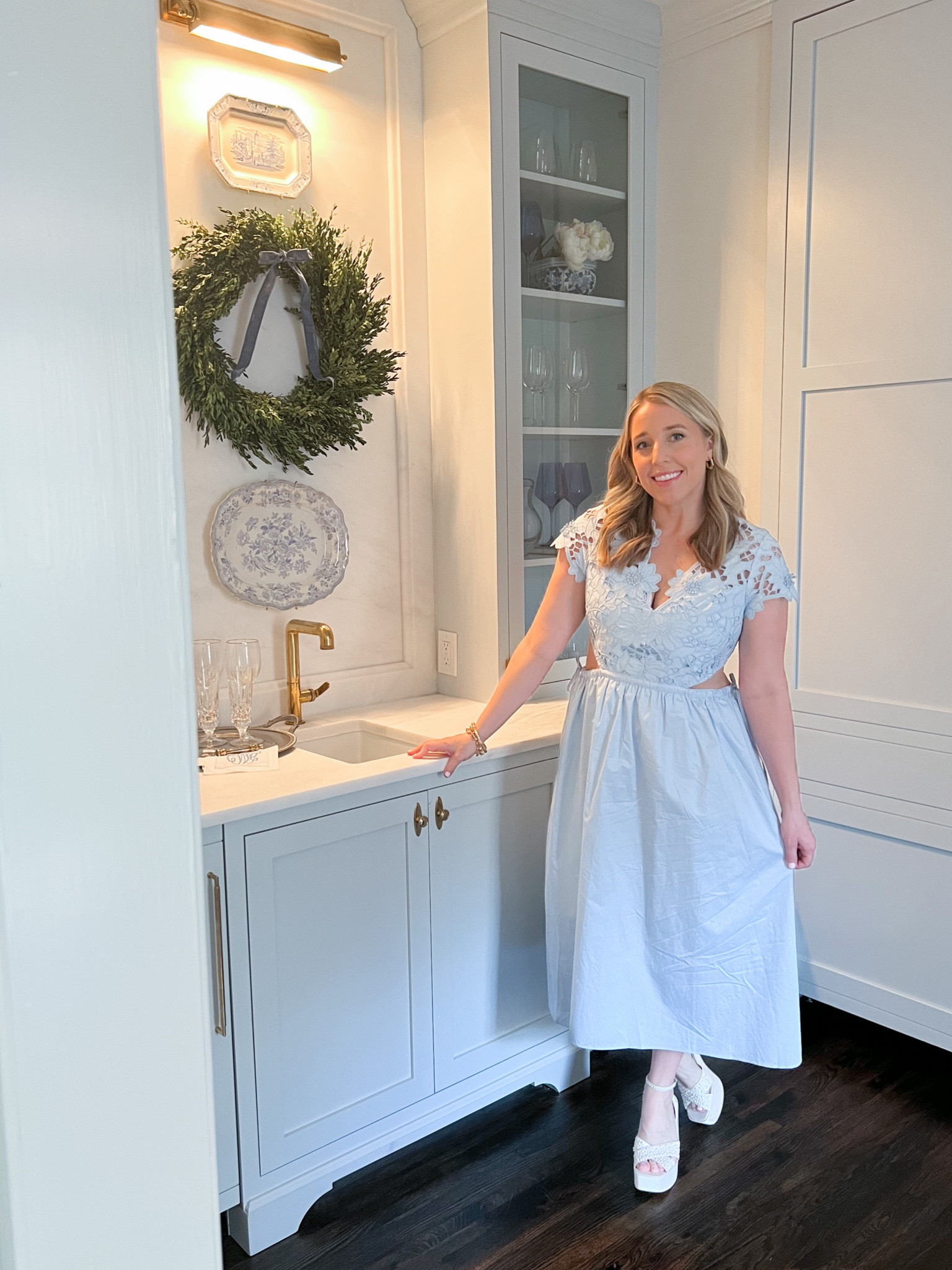 Light blue Easter dress cotton summer cut out guipere lace cutwork eyelet battening Battenberg lace midi dress chunky block heel pearls ivory off white dress wedding guest special occasion baby shower bridal shower 

#LTKsalealert #LTKshoecrush #LTKwedding