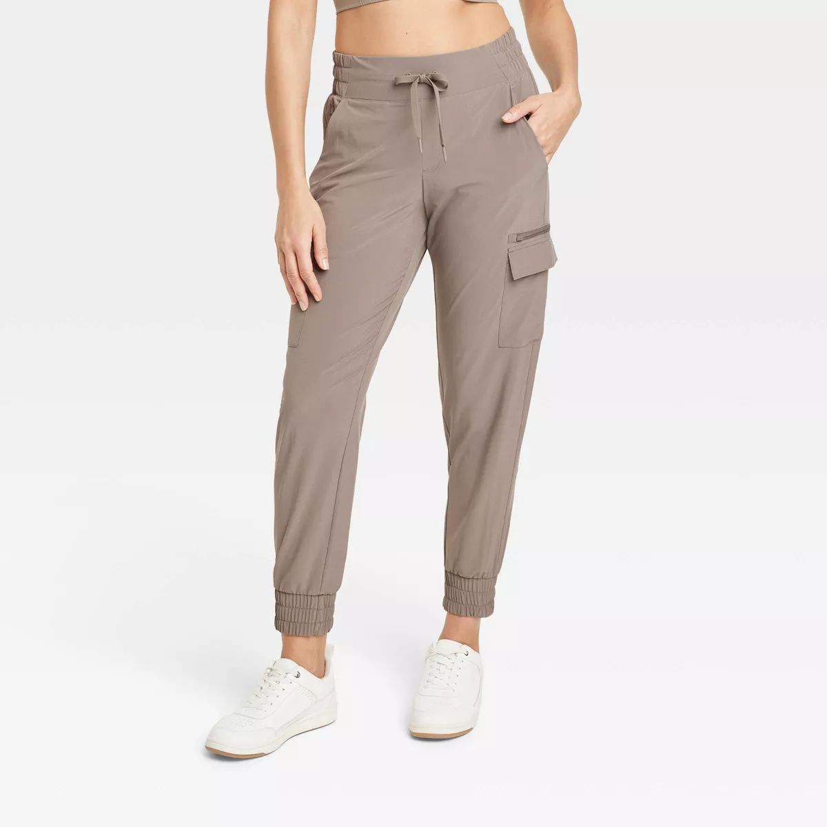 Women's Flex Woven Mid-Rise Cargo Joggers - All In Motion™ Taupe S | Target