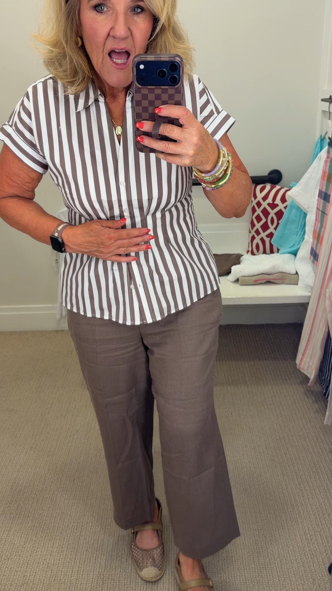 Talbots new arrivals! Sizes below 
Pink jeans 6 reg 
Gingham shirt medium 
Brown white stripe top wearing an XS but need a small 
Brown linen pants 8 petite 
Brown sweater medium reg
Brown blazer 10 petite
Tam white floral pants 8 petite 
White crochet sweater large 
Seersucker pants 8 petite 
Seersucker blazer 10 petite 
Tan sailboat sweater large 
Plaid shorts 8 petite
Navy dress 6 reg (my usual size at Talbots) 
Pink floral linen dress wearing a 6 I need the 8 so I’d say size up in this one 
Short sleeve linen jacket medium petite 
Satin stripe pants wearing a small reg need a medium reg so I’d say size up 
Plaid blazer 10 petite unlined very unstructured but love it 
White jeans nice weight and stretch size 8 petite 
Blue linen wearing a medium but I’d say size down as it was too big 

#LTKSaleAlert #LTKOver40 #LTKWorkwear

Work outfits business casual 