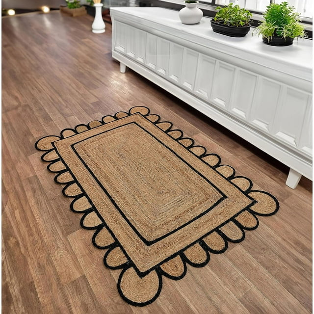 KLAVATE Natural Jute Hand Braided Scalloped Area Rug - Walmart.com | Walmart (US)
