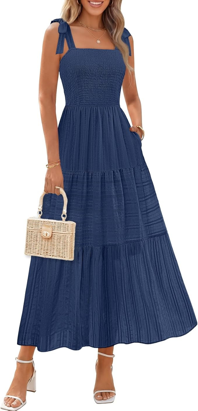 MEROKEETY Women's 2026 Summer Boho Midi Maxi Dress Beach Vacation Casual Sleeveless Smocked A Lin... | Amazon (US)