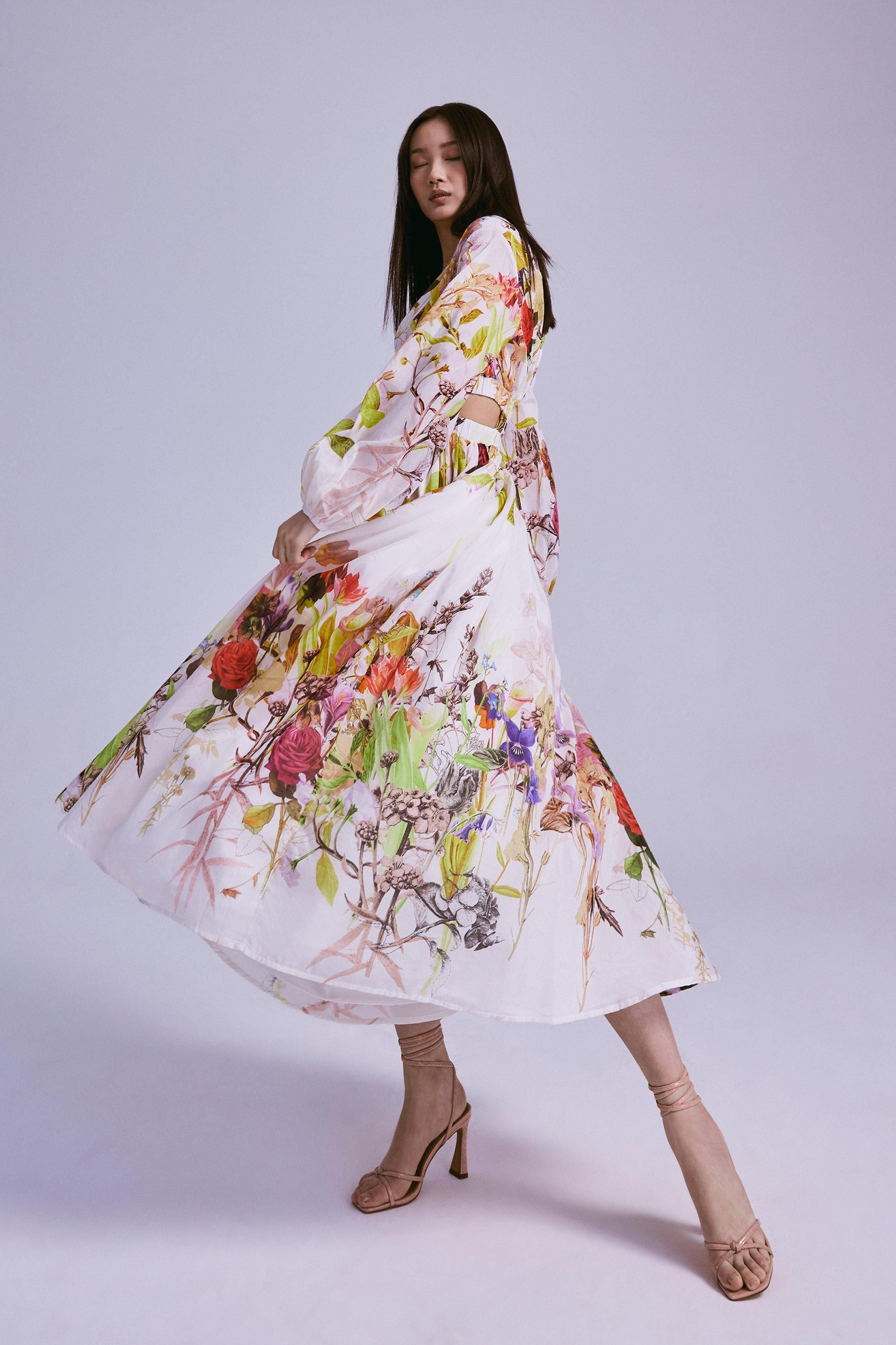Wild Rose Garden Border Silk Cotton Maxi Dress | Karen Millen US