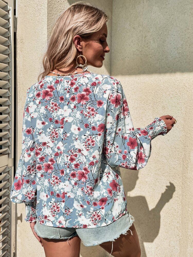 Floral Print Shirred Lantern Sleeve Blouse | SHEIN