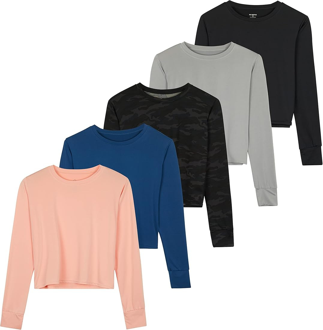 Real Essentials 5 Pack: Women's Dry Fit Crop Top - Long Sleeve Crew Neck Stretch Athletic Tee (Av... | Amazon (US)