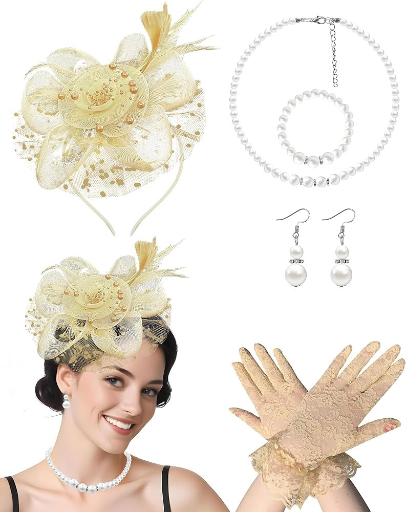 5 Pack Fascinators Hat for Women Tea Party Veil Mesh Headband Feather Hat Lace Gloves Pearl Jewel... | Amazon (US)