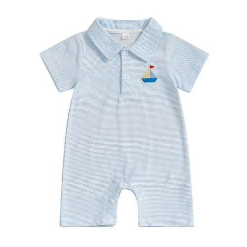 Gueuusu Newborn Baby Boy Beach Outfit Sailboat Embroidery Button Romper Striped Lapel Short Sleeve Bodysuit Summer Clothes (Sky Blue, 12-18 Months) | Amazon (US)