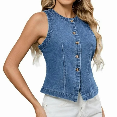 Denim Vest for Women Sleeveless Strechy Jean Vest Top Button Down Crewneck Casual Summer Western Waistcoat Blue XL | Walmart (US)