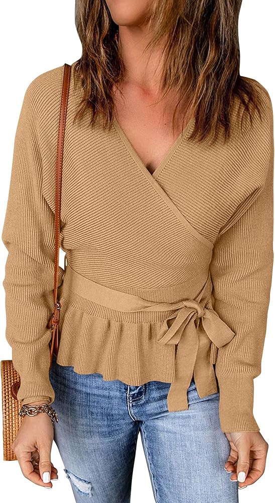ZESICA Women's 2024 Fall Wrap V Neck Long Batwing Sleeve Belted Waist Ruffle Knitted Sweater Pull... | Amazon (US)