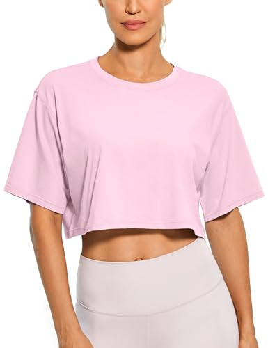 CRZ YOGA Women's Pima Cotton Workout Crop Tops Short Sleeve Yoga Shirts Casual Athletic Running T-Shirts Pink Peony XX-Small | Amazon (US)