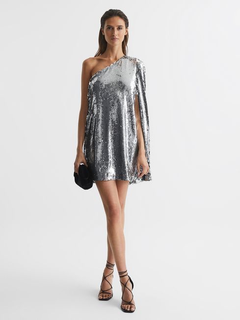 Reiss Silver Eva Sequin Cape One Shoulder Mini Dress | Reiss UK