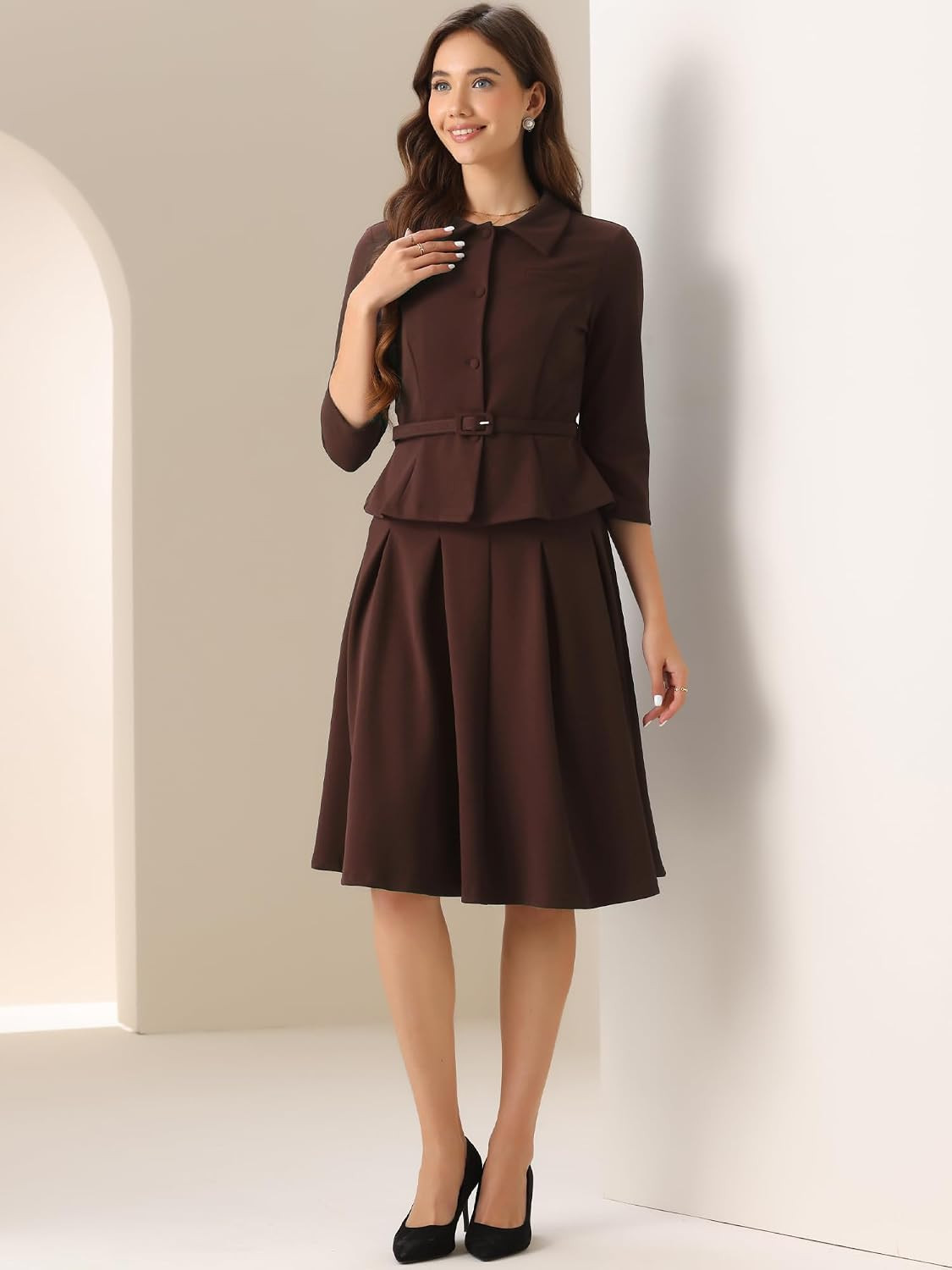 Allegra K Business Skirt Suit Sets for Women's 2 Piece Outfits Office 3/4 Sleeve Blazer Jacket Pleated Skirts | Amazon (US)