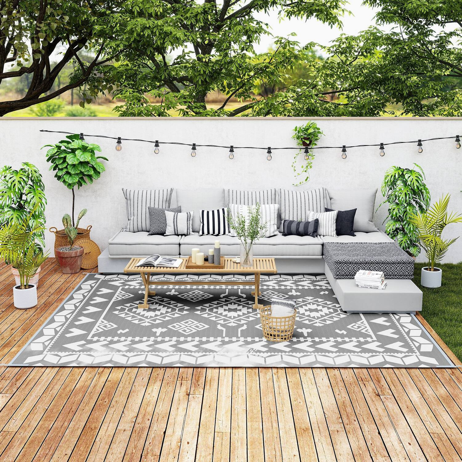 Outsunny - Outdoor Rug for Patio, 9' x 12' Waterproof Large Mat, Reversible Plastic Straw Rug for Décor - Gray and White Rhombus Patchwork | Best Buy U.S.
