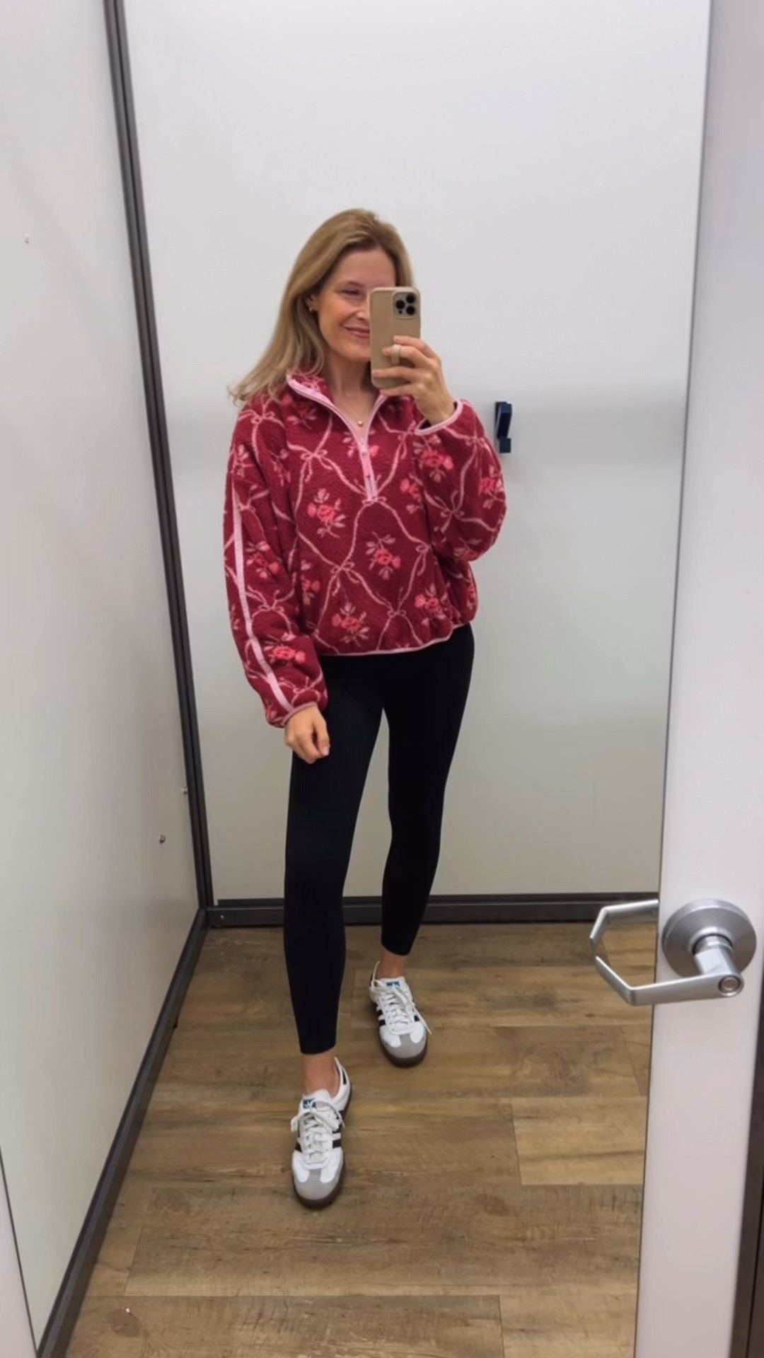 Old navy fleece, unique and adorable! I’m wearing a size large. I think there’s some flexibility, you could stay true to size or go up. Leggings tts medium. Once you get these on, it feels like you’re wearing nothing at all lol! Very comfy!