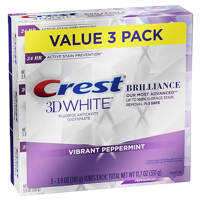 Crest 3D White Brilliance Toothpaste, Vibrant Peppermint, 3.9 Oz (Pack of 3) | Amazon (US)