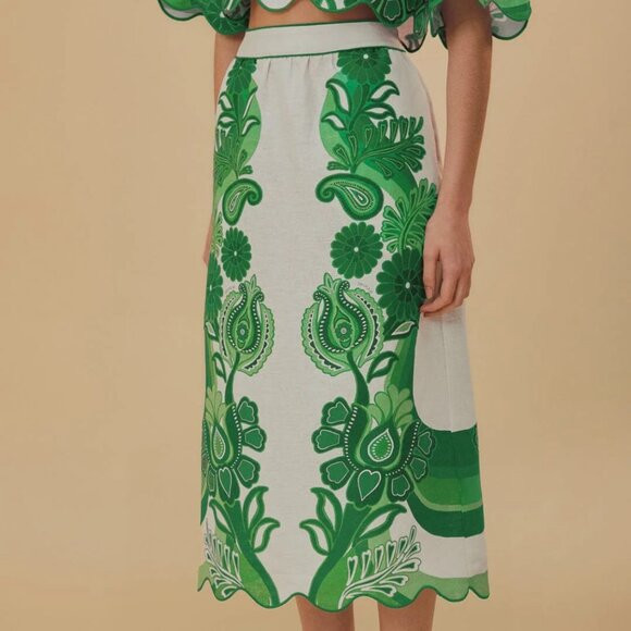 NWT FARM Rio Green and White Floral Linen Midi Skirt | Poshmark