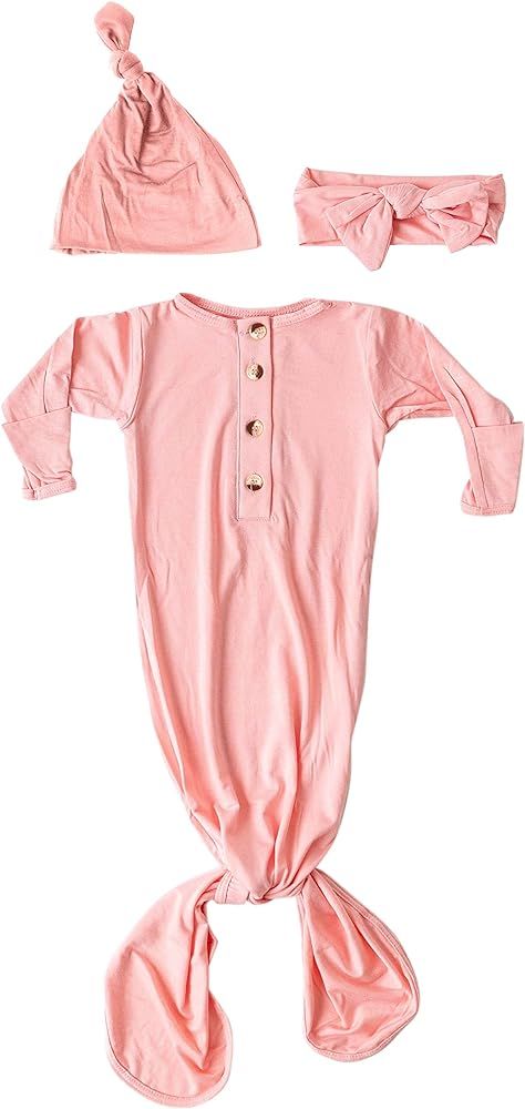 Stroller Society Knotted Newborn Baby Gown and Hat Set with Headband, Pink Baby Gown, Soft and St... | Amazon (US)