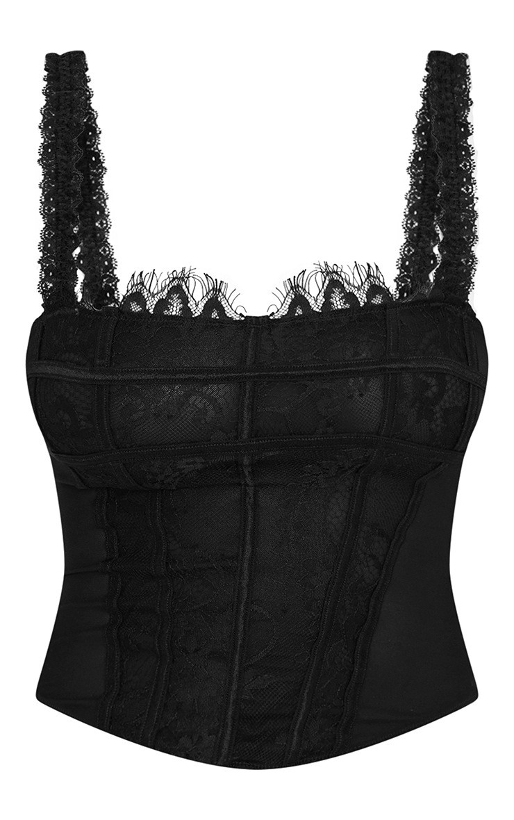 Black Mesh Lace Panel Curved Hem Corset | PrettyLittleThing US