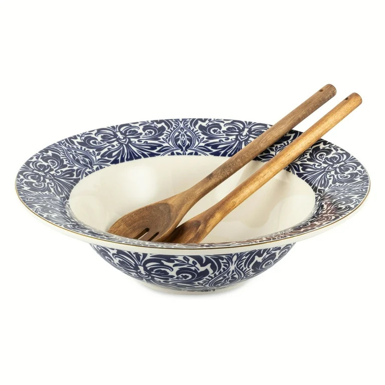 Thyme & Table Nova Ceramic 3-Piece Serve Bowl Navy and White with Wood Serve Utensils | Walmart (US)