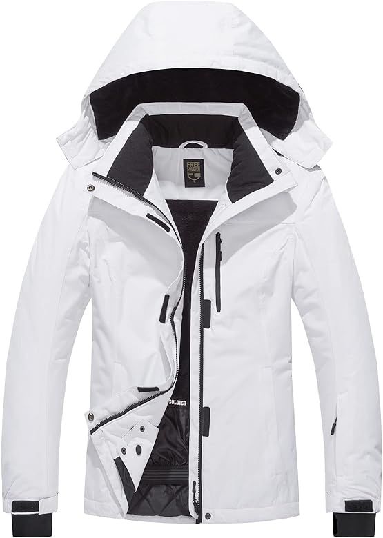 FREE SOLDIER Women's Waterproof Ski Snow Jacket Fleece Lined Warm Winter Rain Jacket with Hood Fully | Amazon (US)