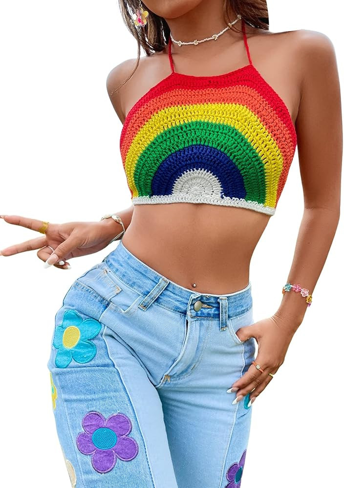 SweatyRocks Women's Backless Rainbow Striped Halter Tie Back Tops Sleeveless Knit Crop Top | Amazon (US)