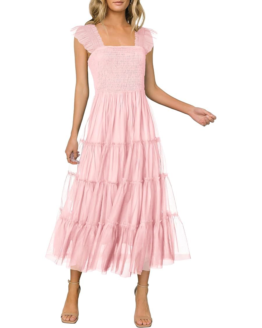 PRETTYGARDEN Women's 2024 Summer Midi Dress Casual Sleeveless Smocked Ruffle Tulle Flowy Beach Su... | Amazon (US)