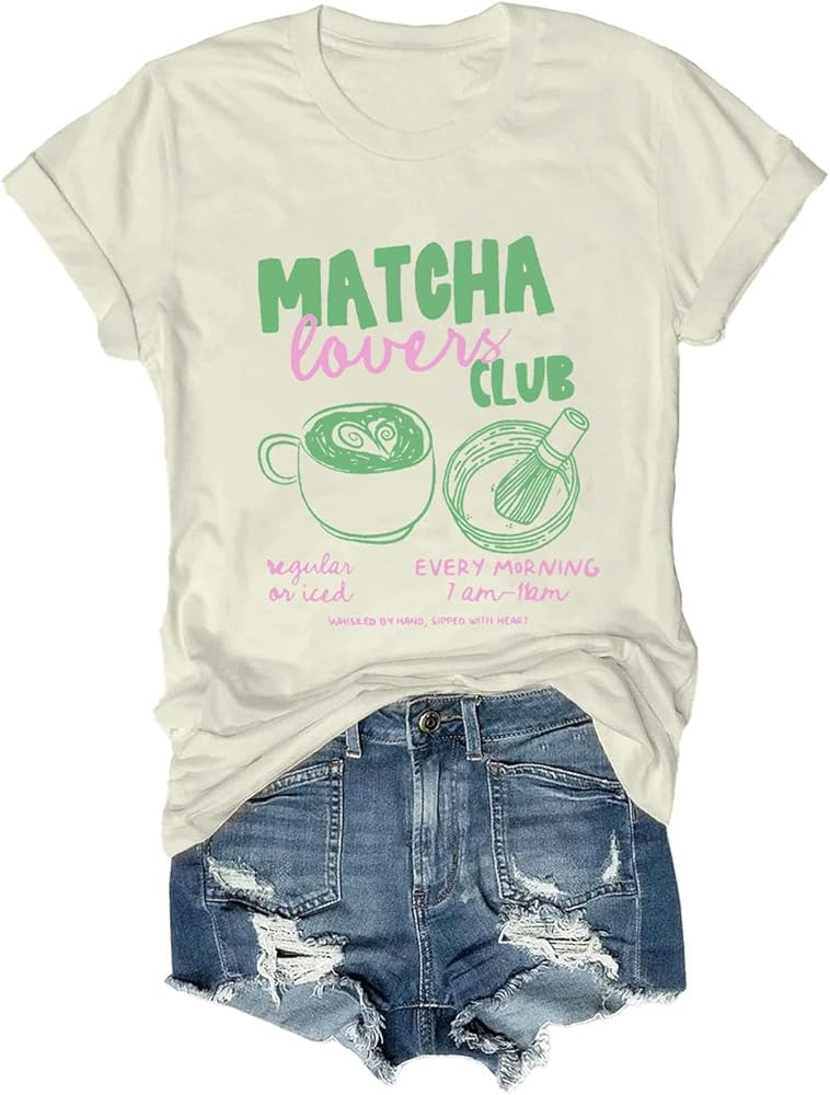 Matcha Lovers Club Shirt, Cafe Aesthetic Latte Green Tea T Shirt, Cute Matcha Latte Tee for Women... | Amazon (US)