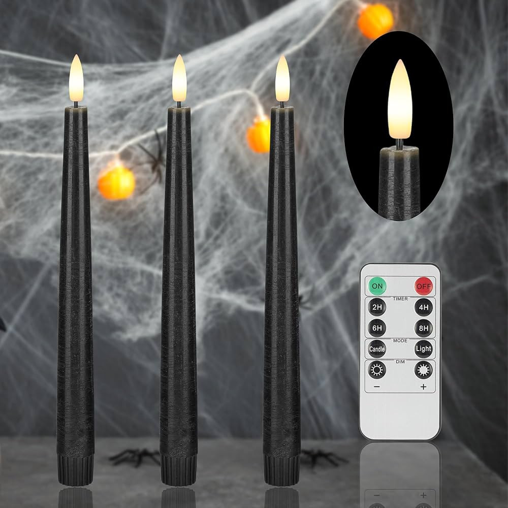 Black Flameless Taper Candles Flickering, 9.6”Real Wax Halloween Candles with Remote & Timer, 3... | Amazon (US)