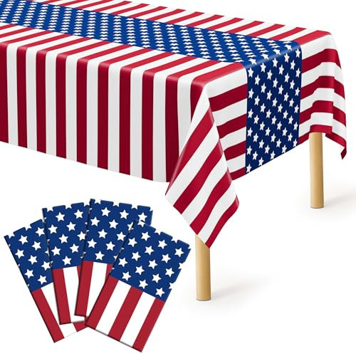 4 Pcs 4th of July Decorations, 108" X 54" Plastic 250th Anniversary 4th of July Tablecloths, Red White Blue Tablecover American Tablecover, Patriotic Table Cover Memorial Day Party Supplies for Kids | Amazon (US)