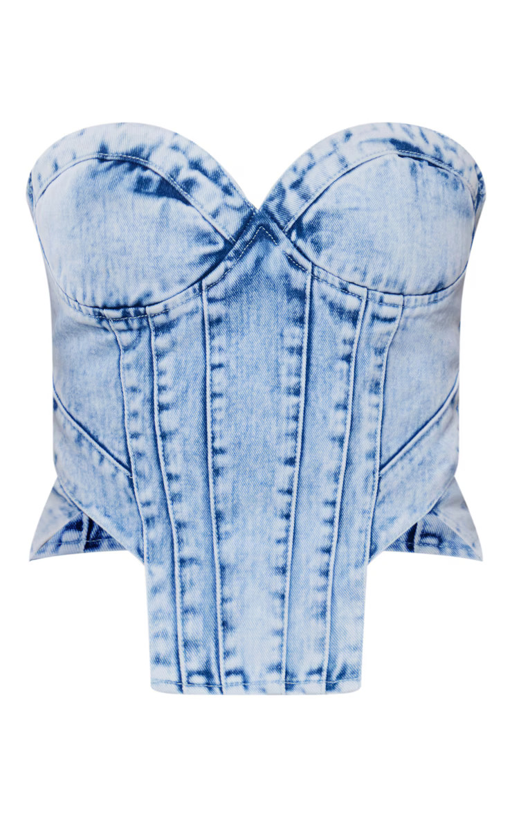 Light Blue Acid Wash Seam Detail Corset Denim Top | PrettyLittleThing US