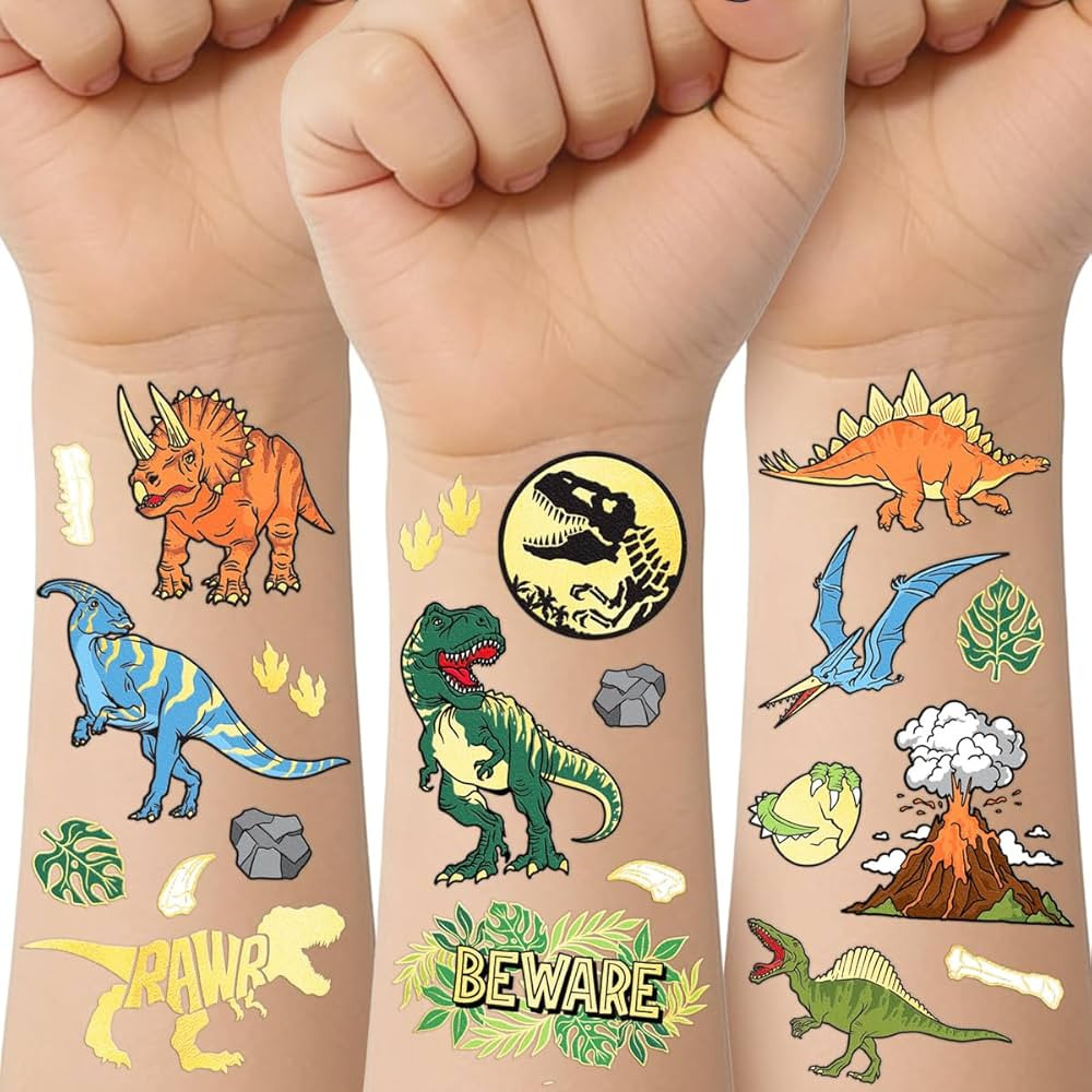 Amazon.com : xo, Fetti Dinosaur Temporary Tattoos - Gold Foil, 44 pcs | Kids Jurassic Birthday Party Supplies, Dino Party Favor, T-Rex Fossil Decorations : Beauty & Personal Care | Amazon (US)