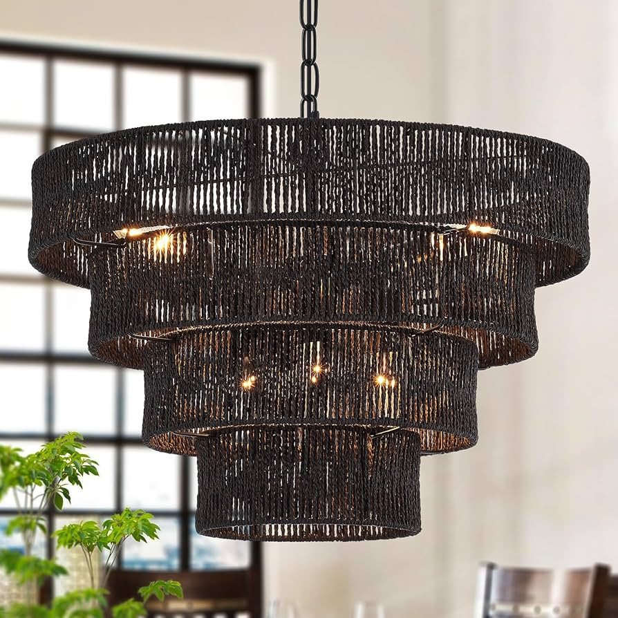 YOMECOO Farmhouse 6-Lights Hand-Woven Rattan Chandelier Vintage Boho 19.7" Bamboo Black Chandelie... | Amazon (US)