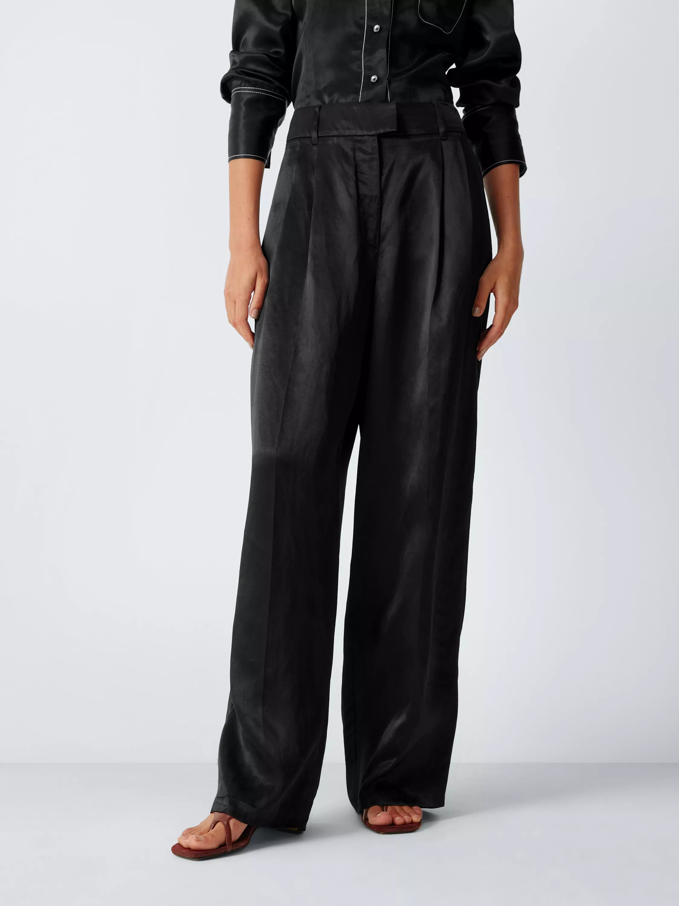 Satin Pleat Detail Wide Leg Trousers, Black | John Lewis (UK)