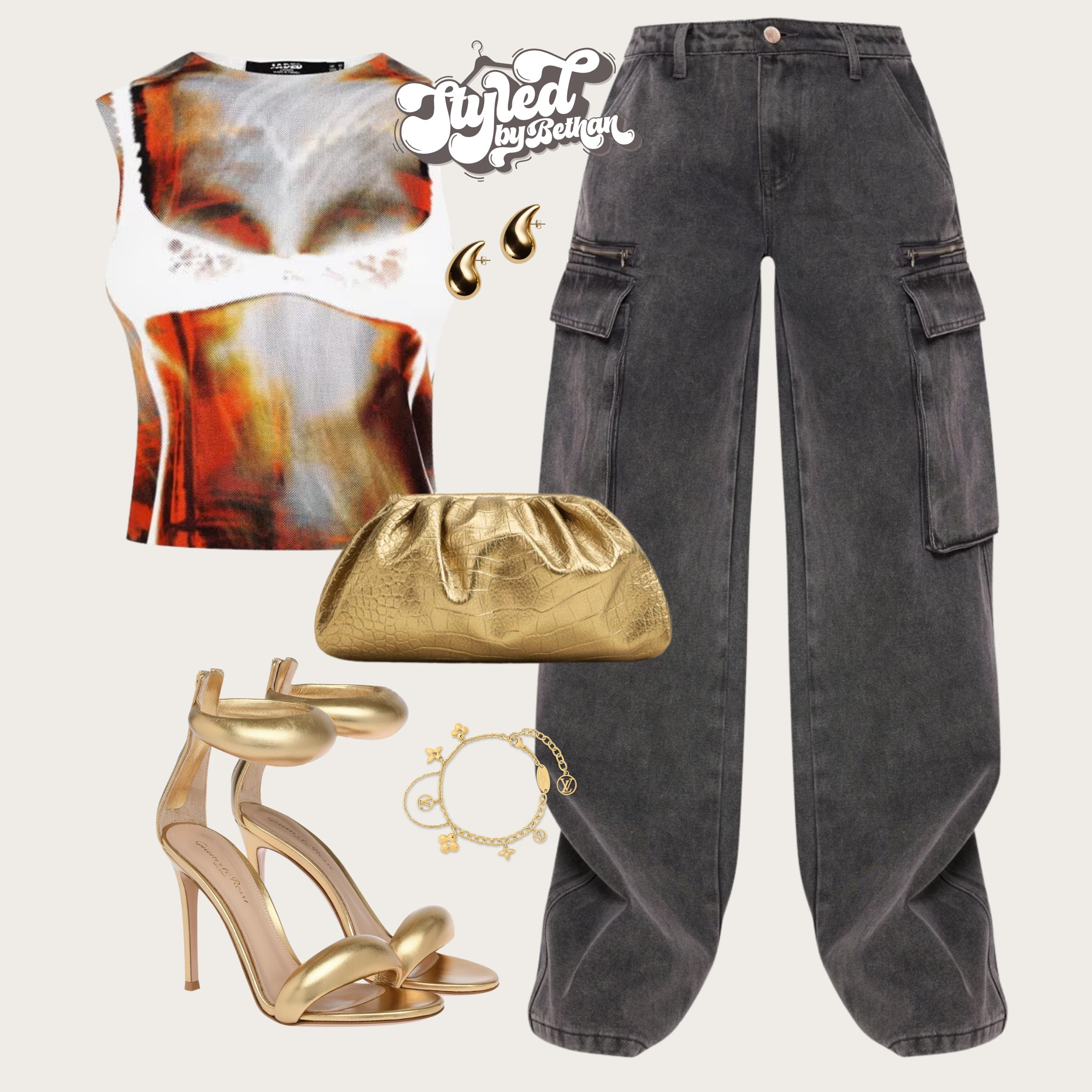 Thinking about the weekend already 🥂 tags: jaded london bra print top, pretty little thing black cargo wide leg jeans, gianvito rossi gold heels, shein gold clutch bag, botegga gold bronze earrings. Day drinks, night out, date night, bars, street style, cocktails with the girls, bottomless brunch, city break outfit inspiration inspo.

#LTKstyletip #LTKeurope #LTKuk